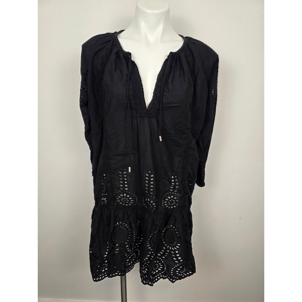 Melissa Odabash Black‎ Eyelet Cotton Tunic Cover Up Dress XS